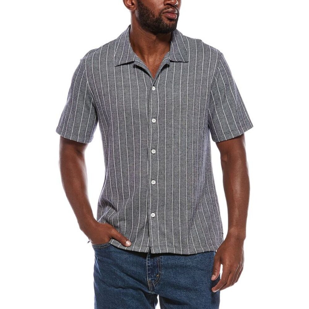 Madewell Mens  Textured Stripe Camp Collar Shirt, Navy